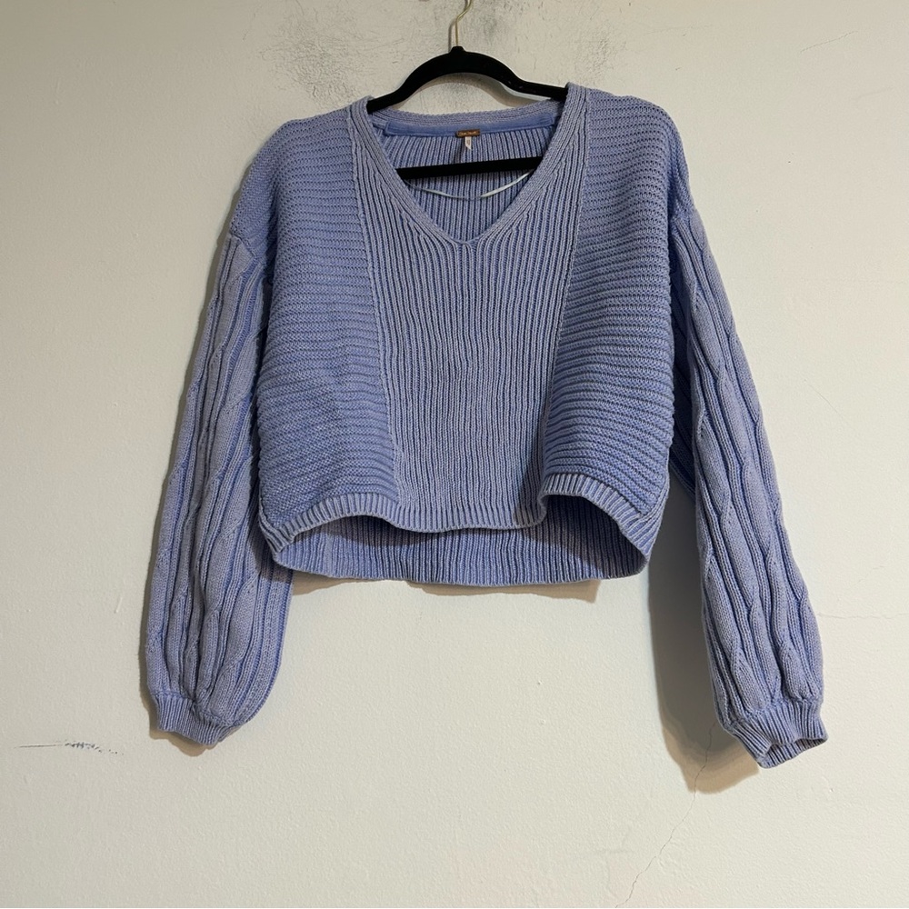 Free People When It Rains V-Neck Cotton Knit Sweater Blue Size Medium